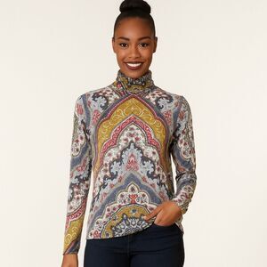 Free People XS Printed Turtleneck Top Boho Paisley Medallion Long Sleeve Stretch